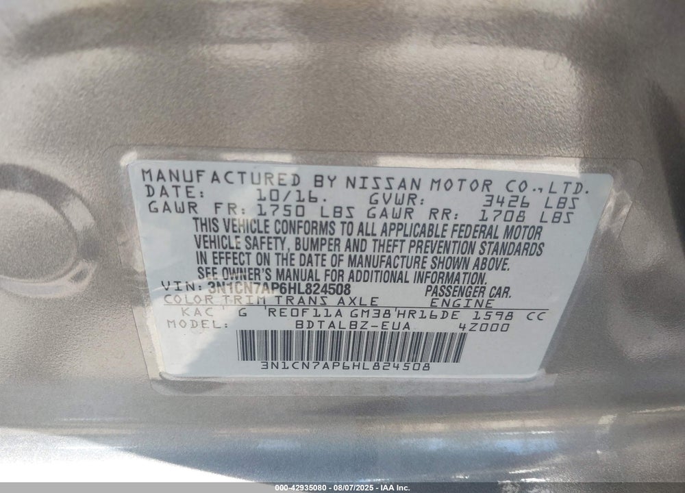 2017 NISSAN VERSA VIN: 3N1CN7AP6HL824508