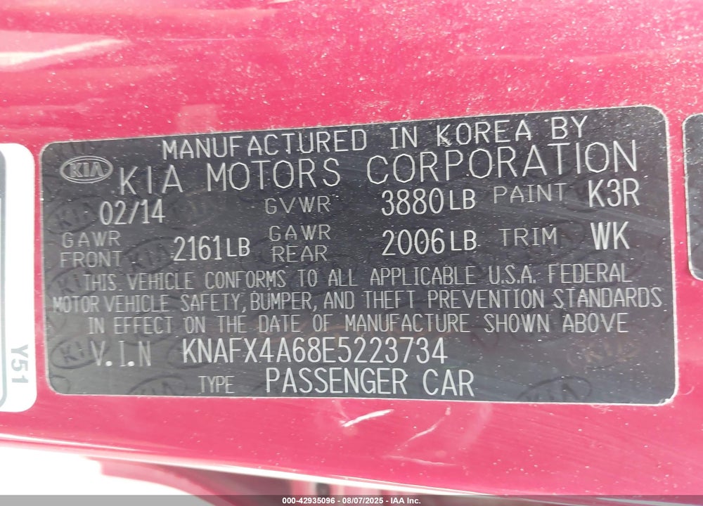 2014 KIA FORTE VIN: KNAFX4A68E5223734