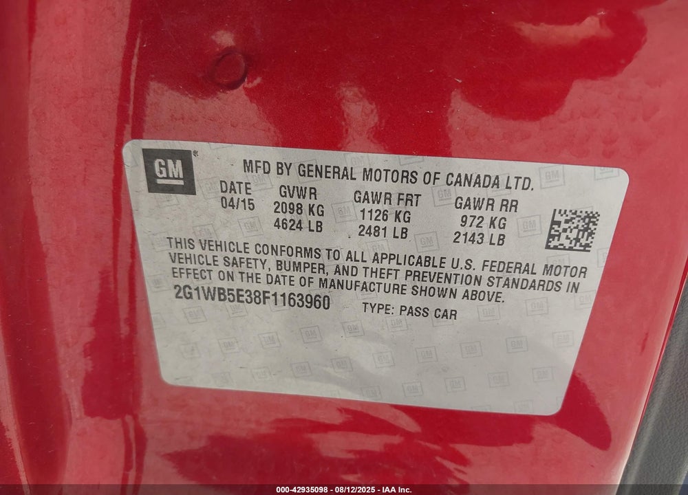 2015 CHEVROLET IMPALA LIMITED VIN: 2G1WB5E38F1163960