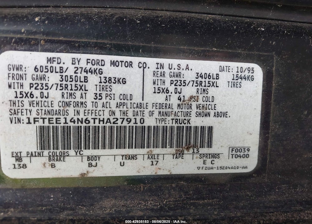 1996 FORD ECONOLINE E150 VAN VIN: 1FTEE14N6THA27910