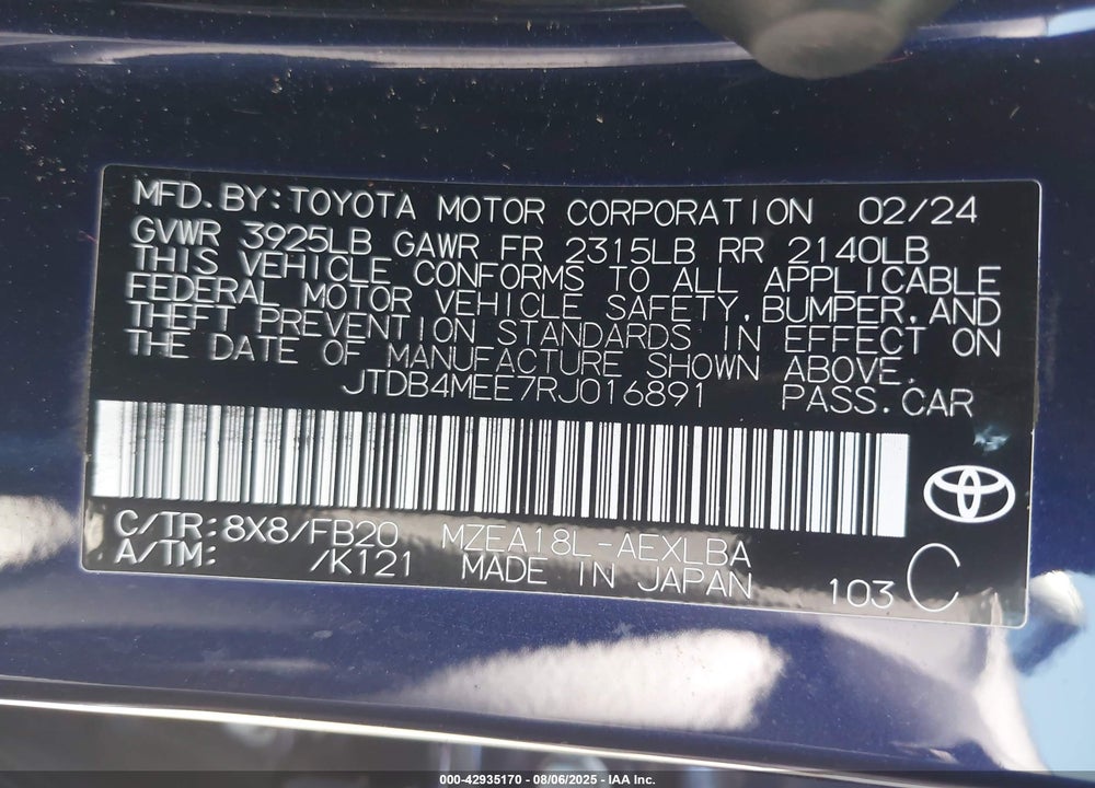 2024 TOYOTA COROLLA VIN: JTDB4MEE7RJ016891