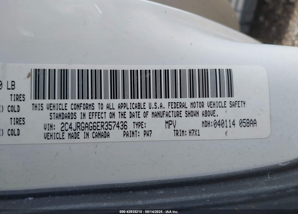 2014 RAM CARGO TRADESMAN VIN: 2C4JRGAG6ER357436