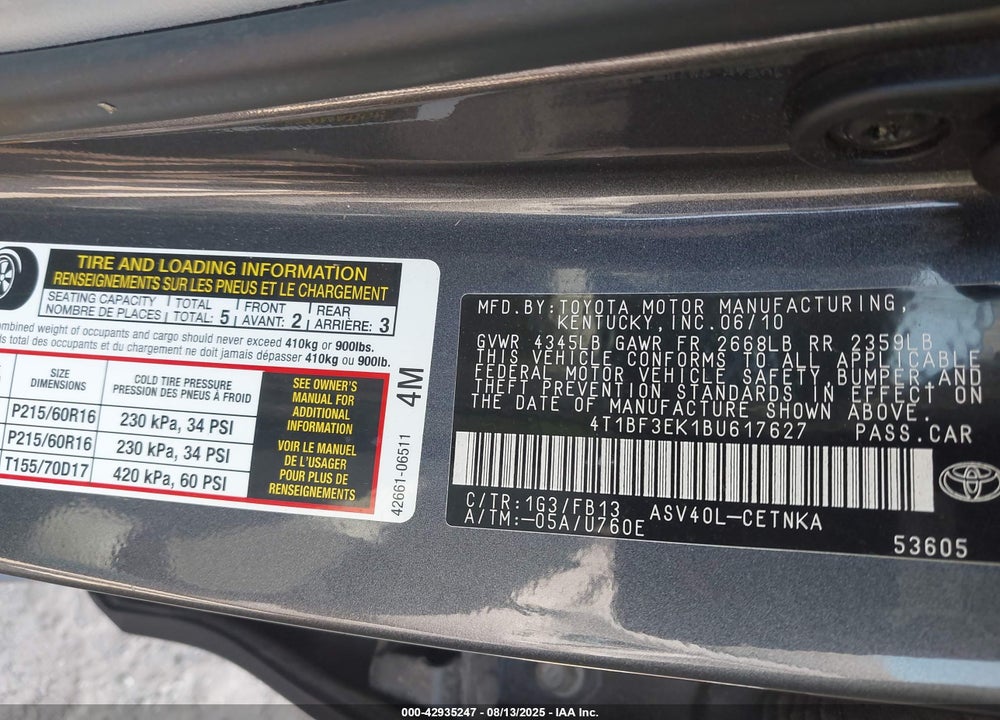 2011 TOYOTA CAMRY VIN: 4T1BF3EK1BU617627