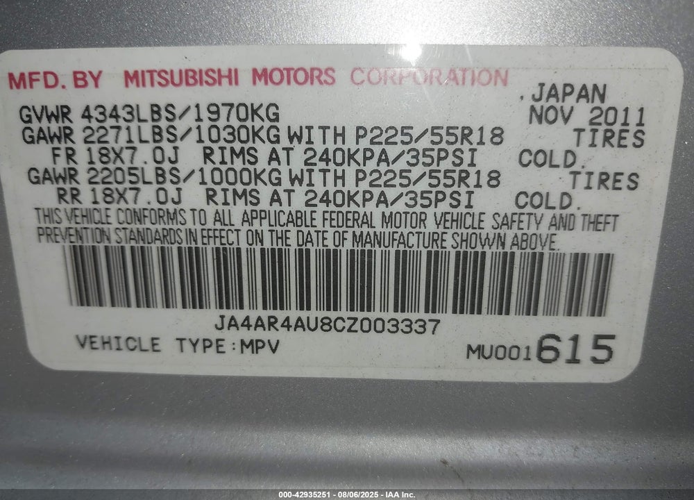 2012 MITSUBISHI OUTLANDER SPORT VIN: JA4AR4AU8CZ003337