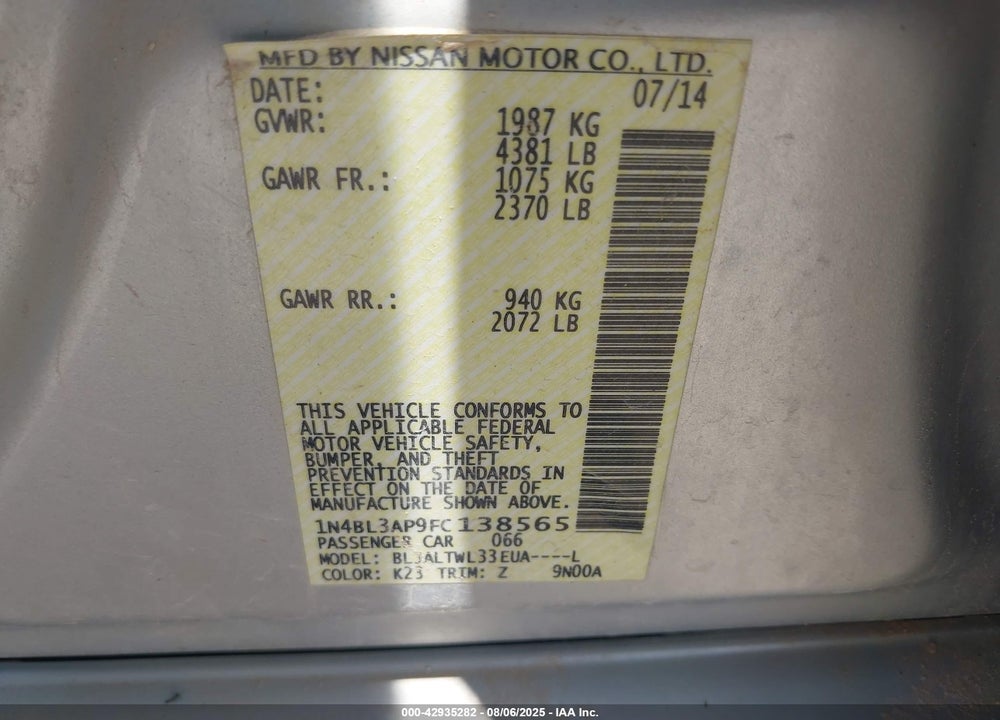 2015 NISSAN ALTIMA 3.5 SL VIN: 1N4BL3AP9FC138565
