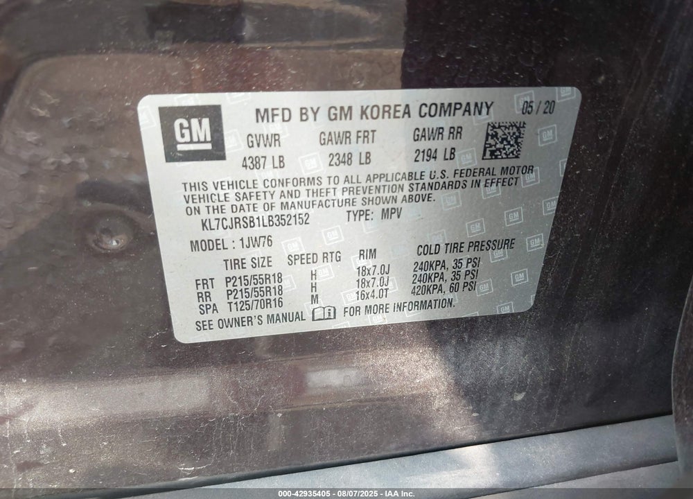 2020 CHEVROLET TRAX VIN: KL7CJRSB1LB352152