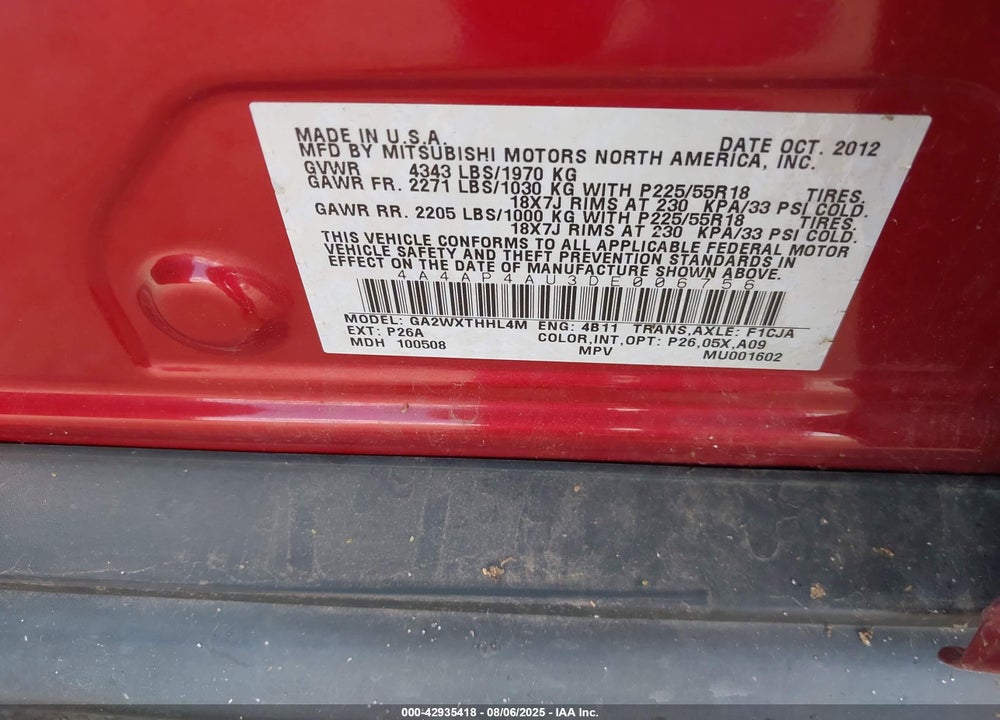2013 MITSUBISHI OUTLANDER SPORT SE VIN: 4A4AP4AU3DE006756