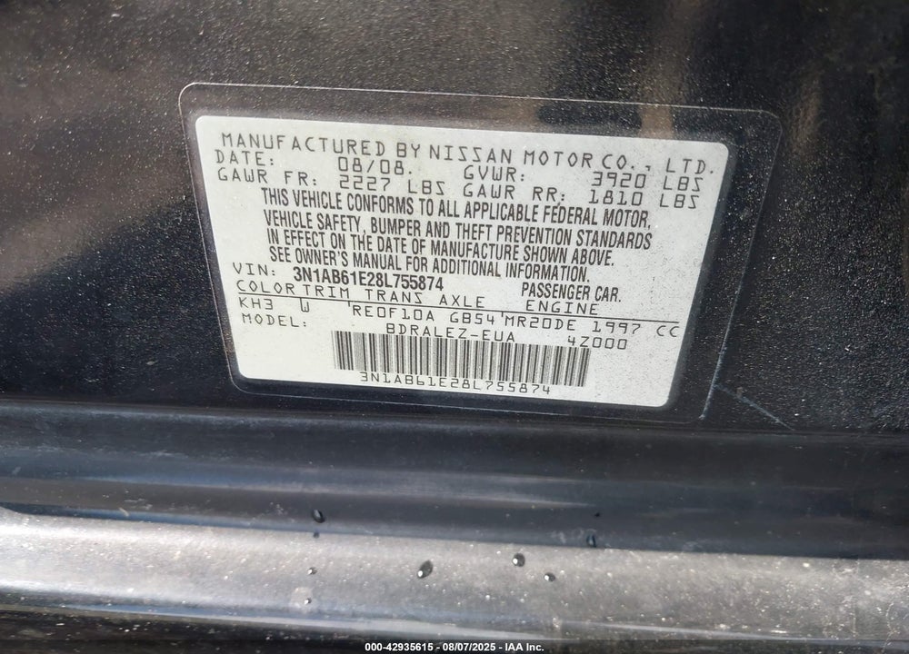 2008 NISSAN SENTRA 2.0S VIN: 3N1AB61E28L755874