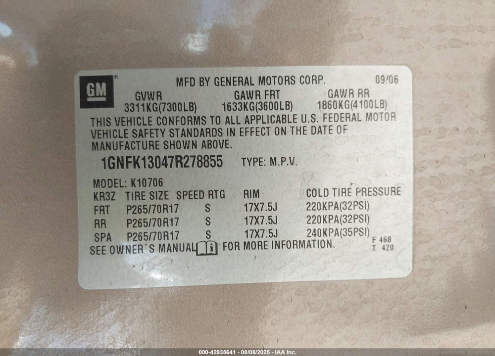 2007 CHEVROLET TAHOE LT VIN: 1GNFK13047R278855