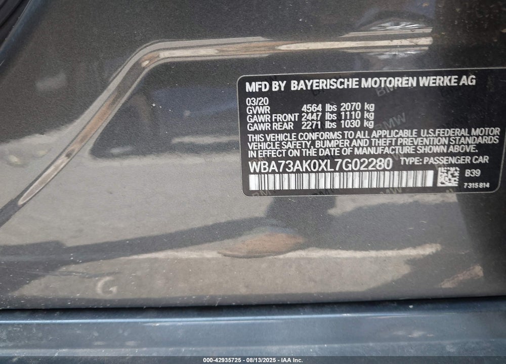 2020 BMW 2 SERIES VIN: WBA73AK0XL7G02280
