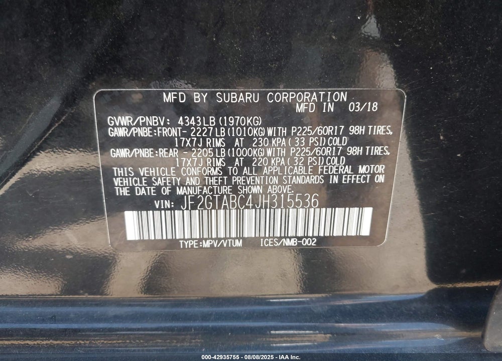 2018 SUBARU CROSSTREK VIN: JF2GTABC4JH315536