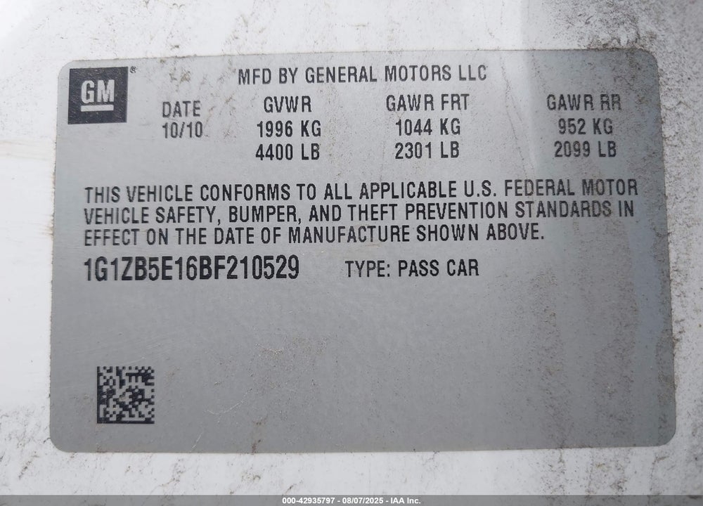 2011 CHEVROLET MALIBU VIN: 1G1ZB5E16BF210529