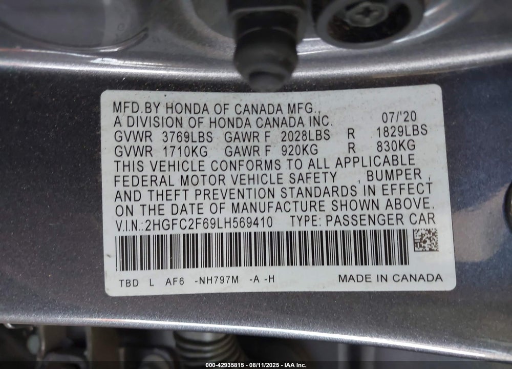 2020 HONDA CIVIC VIN: 2HGFC2F69LH569410