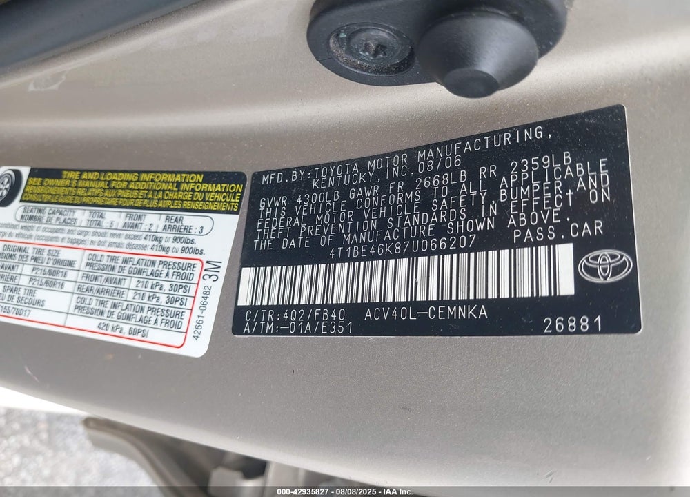 2007 TOYOTA CAMRY CE VIN: 4T1BE46K87U066207