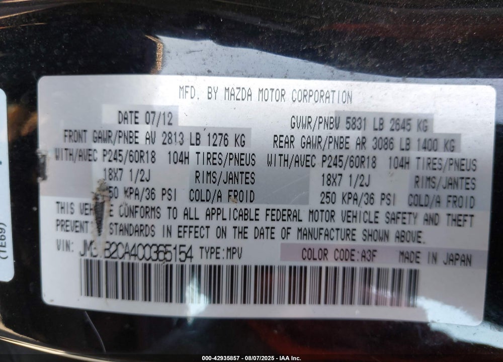 2012 MAZDA CX-9 TOURING VIN: JM3TB2CA4C0365154