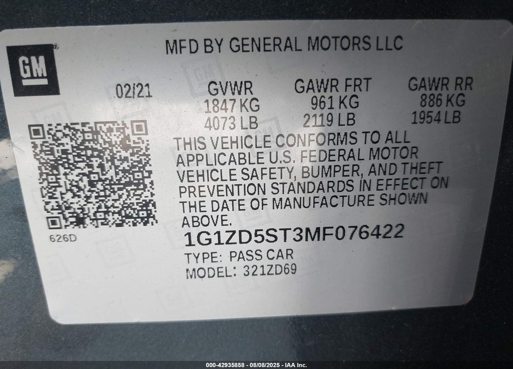 2021 CHEVROLET MALIBU VIN: 1G1ZD5ST3MF076422