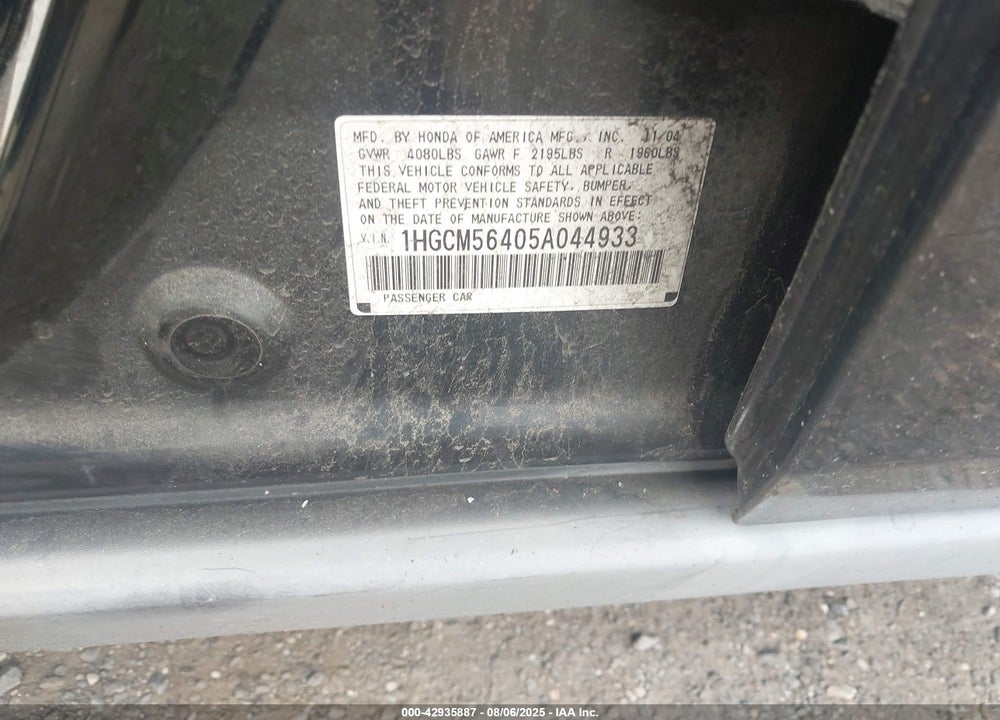 2005 HONDA ACCORD LX VIN: 1HGCM56405A044933