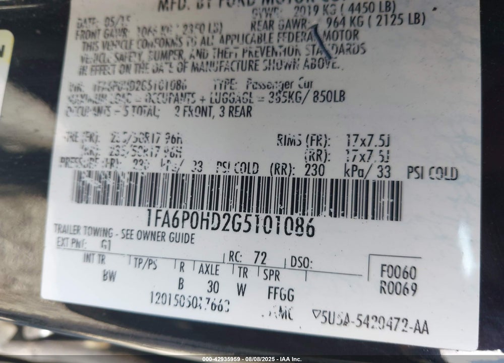 2016 FORD FUSION VIN: 1FA6P0HD2G5101086