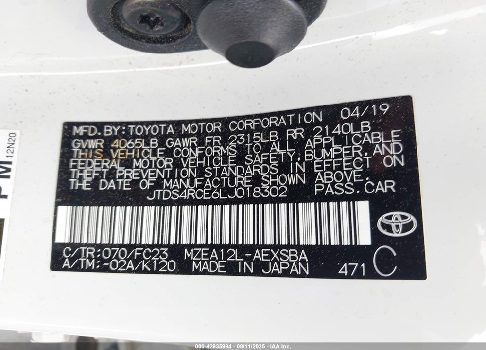 2020 TOYOTA COROLLA VIN: JTDS4RCE6LJ018302