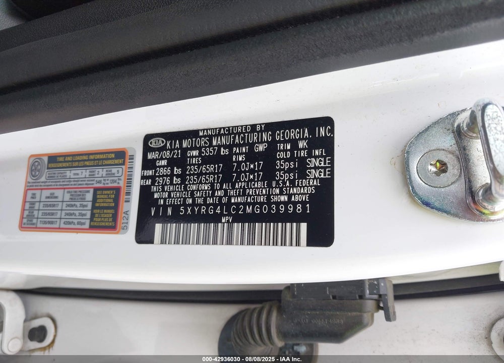 2021 KIA SORENTO VIN: 5XYRG4LC2MG039981