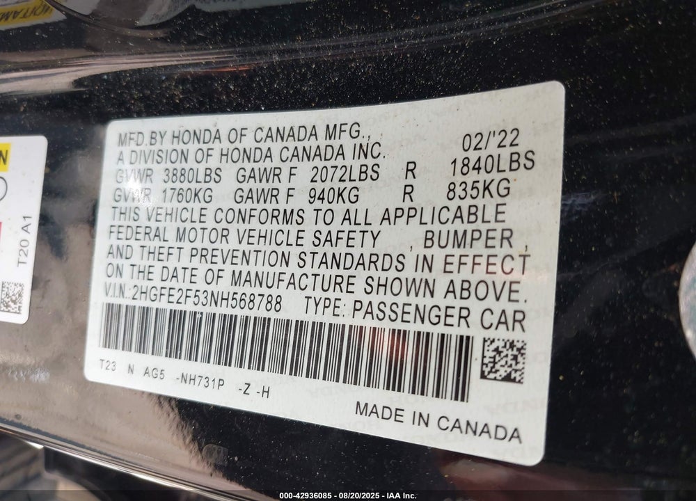 2022 HONDA CIVIC VIN: 2HGFE2F53NH568788