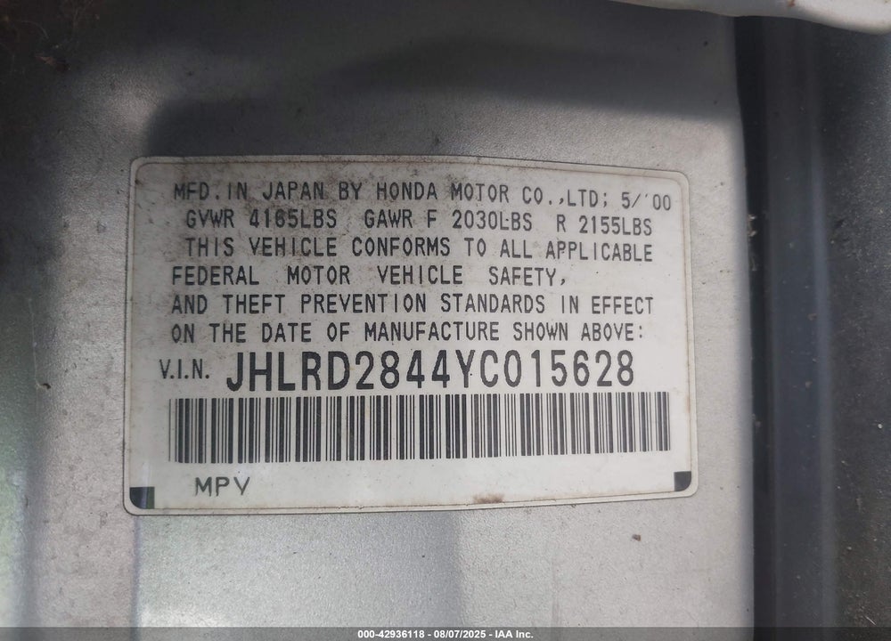 2000 HONDA CR-V LX VIN: JHLRD2844YC015628