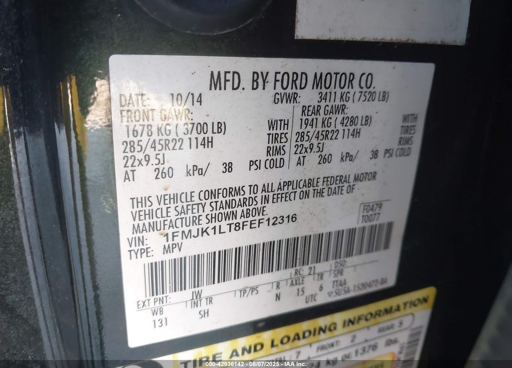 2015 FORD EXPEDITION VIN: 1FMJK1LT8FEF12316