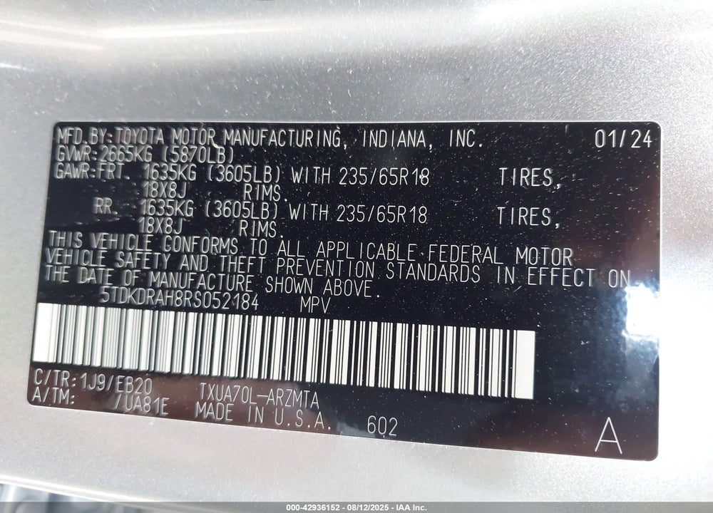 2024 TOYOTA HIGHLANDER VIN: 5TDKDRAH8RS052184