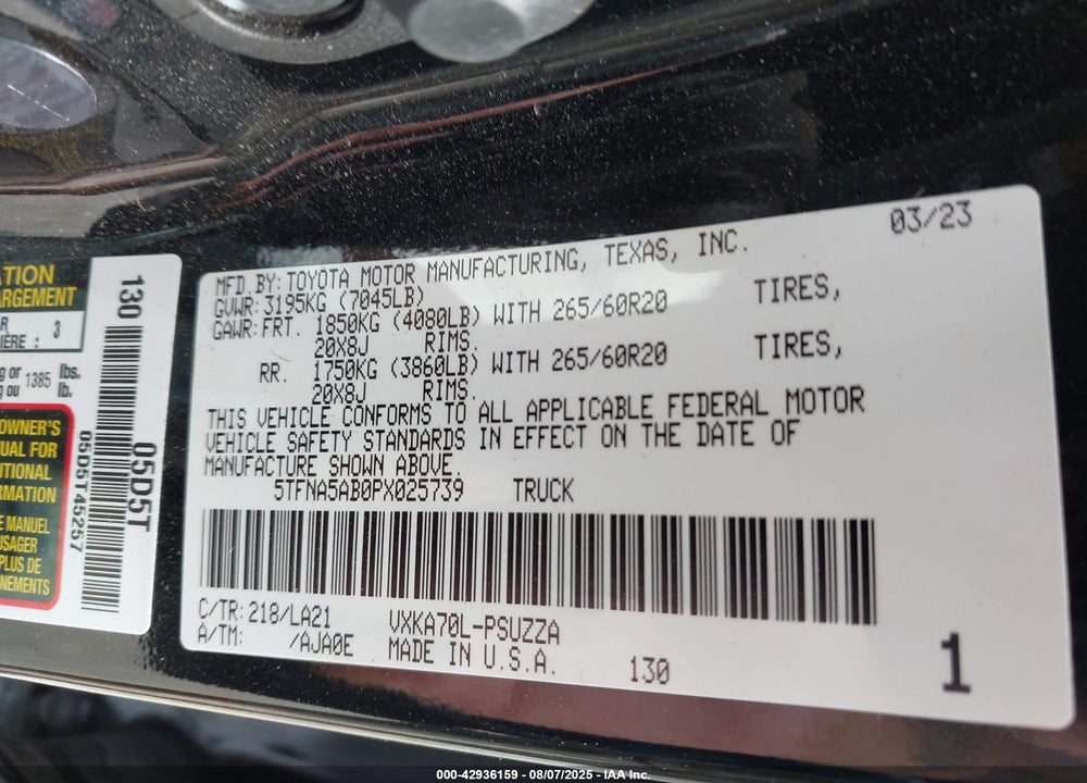2023 TOYOTA TUNDRA PLATINUM VIN: 5TFNA5AB0PX025739