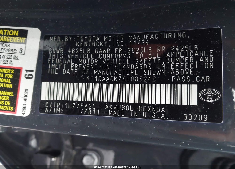 2025 TOYOTA CAMRY VIN: 4T1DAACK7SU085248