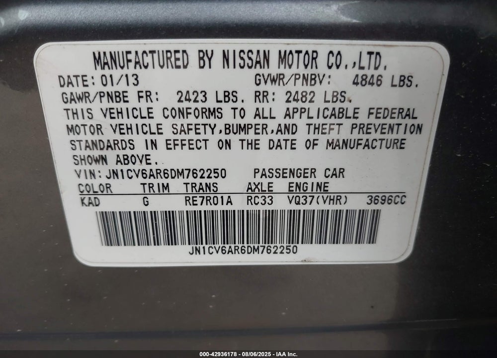 2013 INFINITI G37 VIN: JN1CV6AR6DM762250