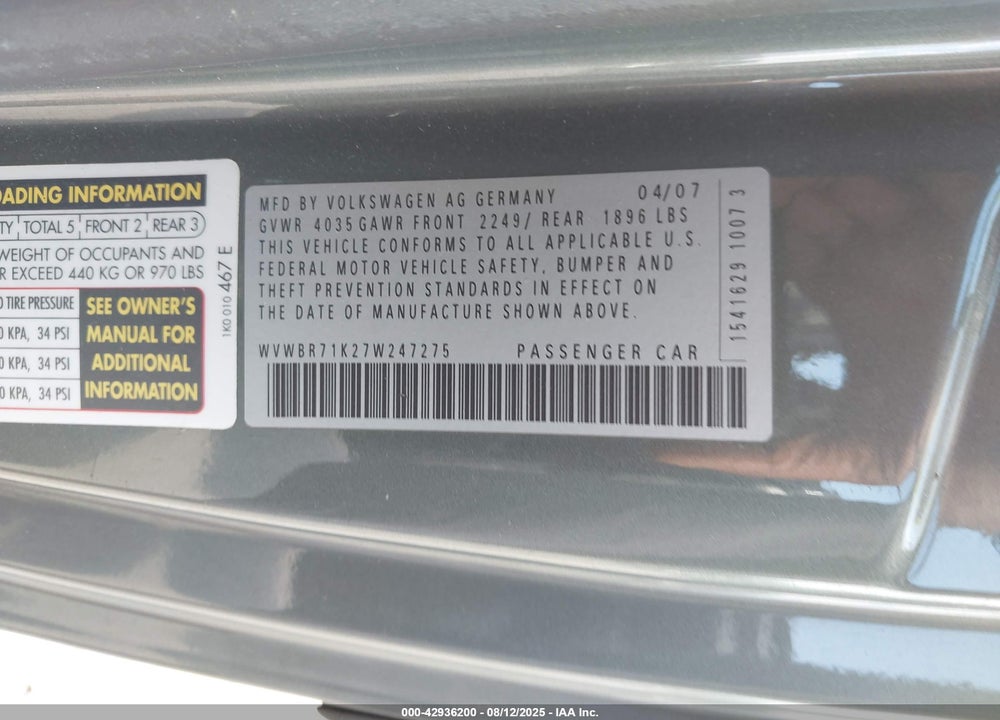 2007 VOLKSWAGEN RABBIT VIN: WVWBR71K27W247275