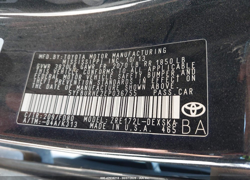 2014 TOYOTA COROLLA S PLUS VIN: 5YFBURHE2EP036755