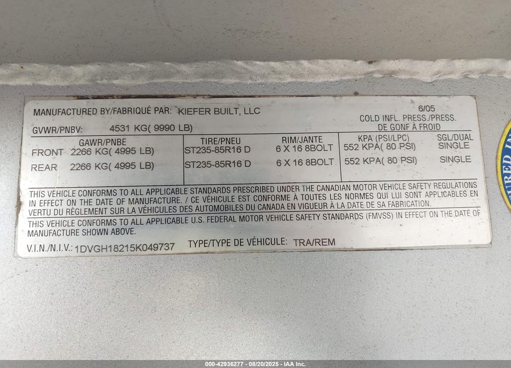 2005 KIEFER BUILT INC --- VIN: 1DVGH18215K049737