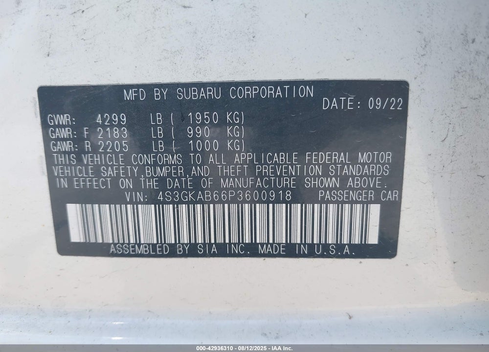 2023 SUBARU IMPREZA VIN: 4S3GKAB66P3600918