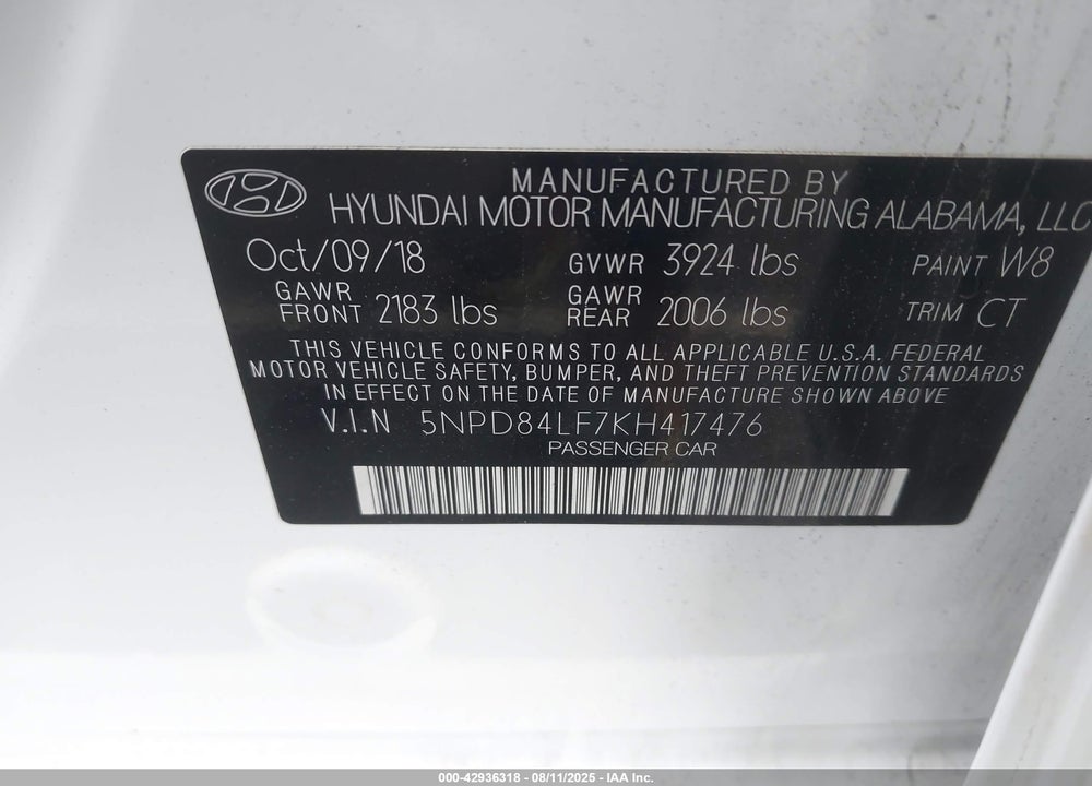 2019 HYUNDAI ELANTRA SEL VIN: 5NPD84LF7KH417476