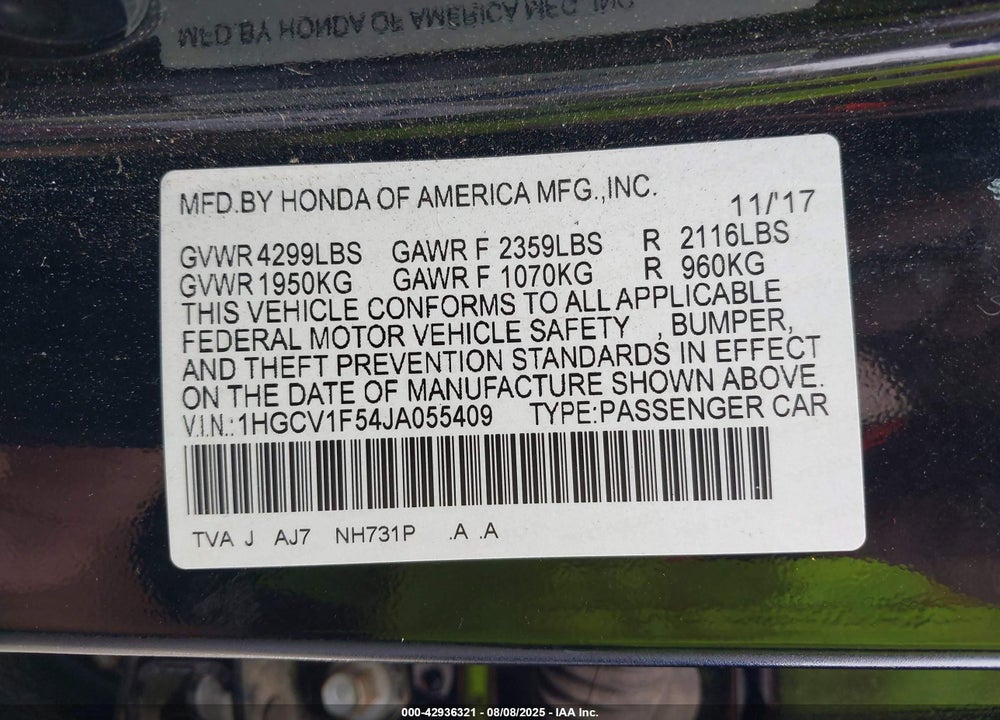 2018 HONDA ACCORD VIN: 1HGCV1F54JA055409