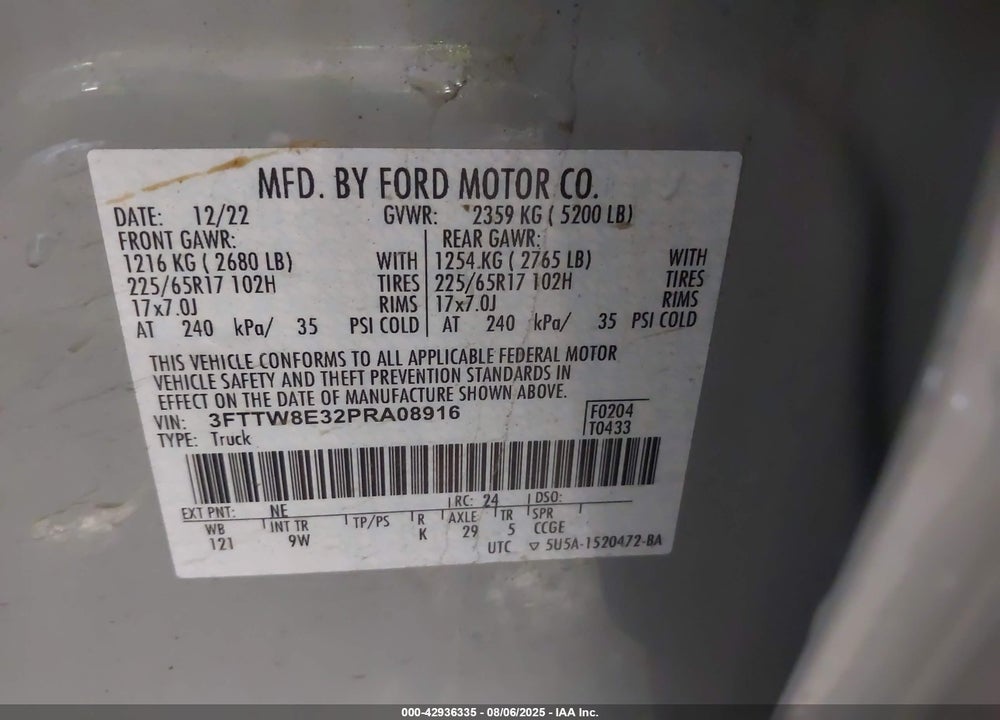 2023 FORD MAVERICK VIN: 3FTTW8E32PRA08916