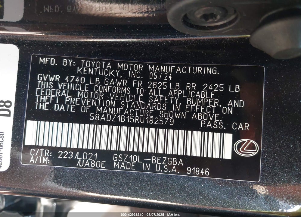 2024 LEXUS ES 350 VIN: 58ADZ1B15RU182579
