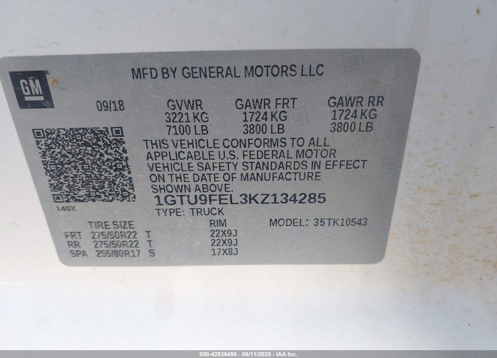 2019 GMC SIERRA 1500 VIN: 1GTU9FEL3KZ134285