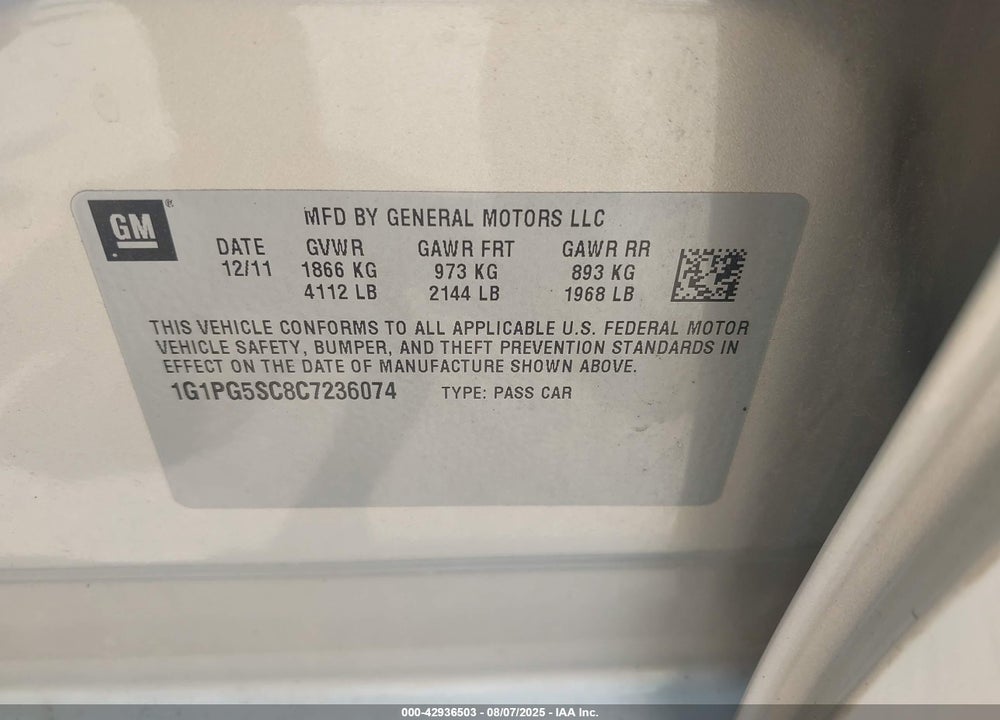 2012 CHEVROLET CRUZE VIN: 1G1PG5SC8C7236074