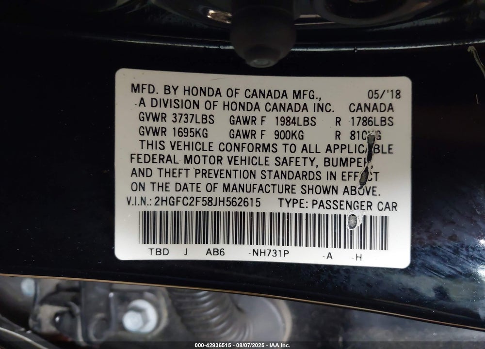 2018 HONDA CIVIC VIN: 2HGFC2F58JH562615