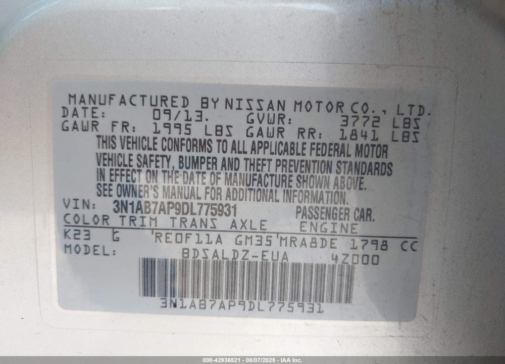 2013 NISSAN SENTRA VIN: 3N1AB7AP9DL775931