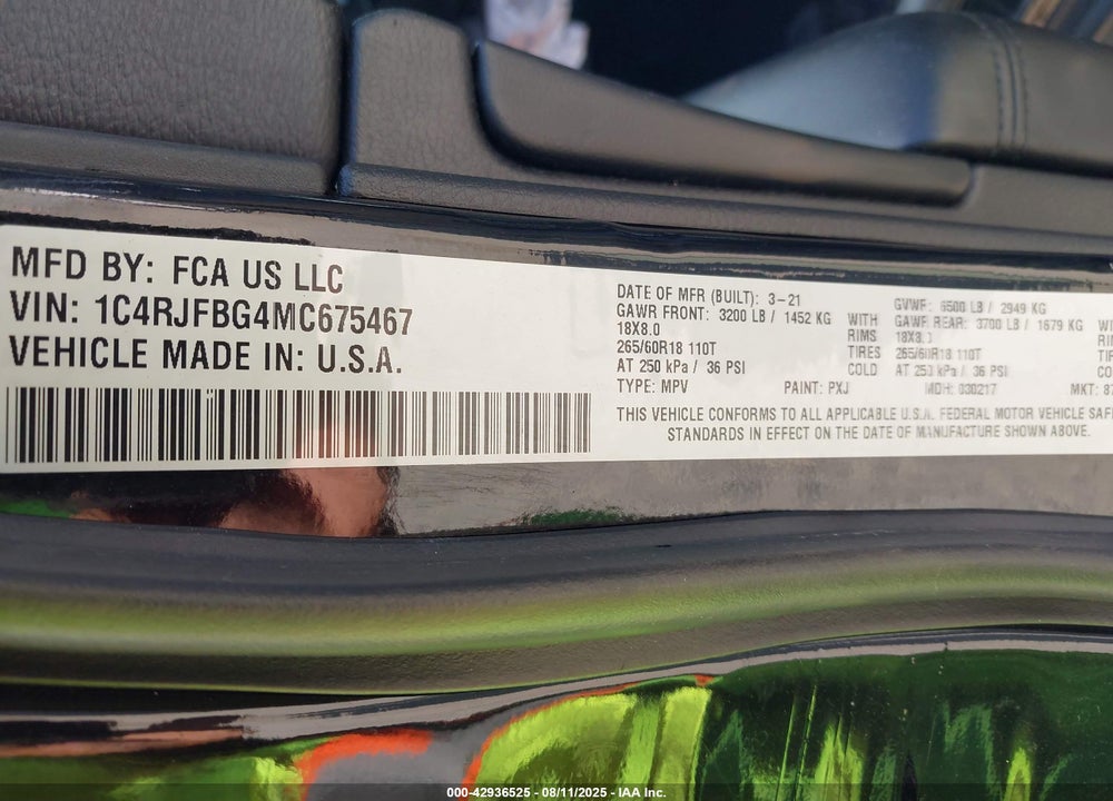 2021 JEEP GRAND CHEROKEE VIN: 1C4RJFBG4MC675467