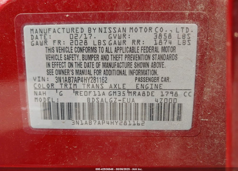 2017 NISSAN SENTRA VIN: 3N1AB7AP4HY281162