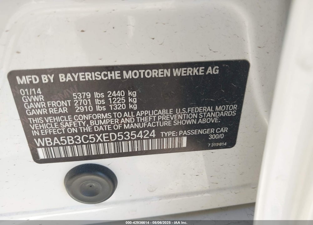 2014 BMW 5 SERIES VIN: WBA5B3C5XED535424