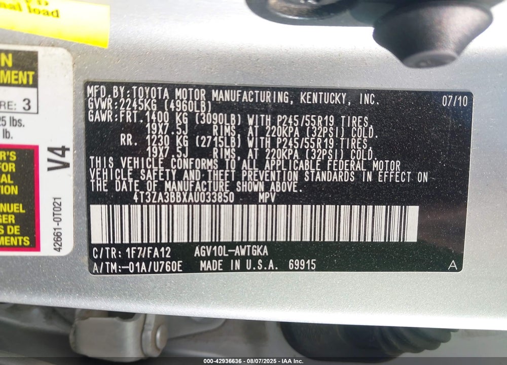 2010 TOYOTA VENZA VIN: 4T3ZA3BBXAU033850