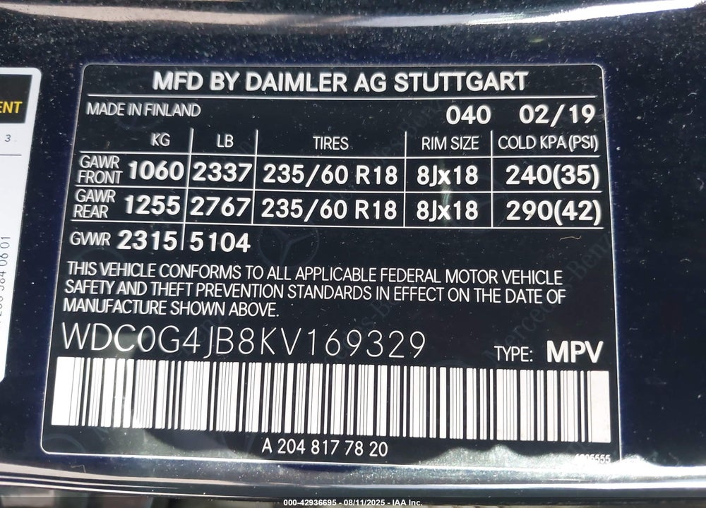 2019 MERCEDES-BENZ GLC 300 VIN: WDC0G4JB8KV169329