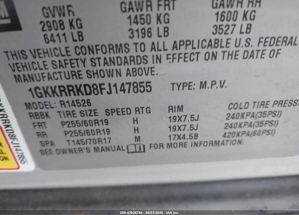 2015 GMC ACADIA VIN: 1GKKRRKD8FJ147855