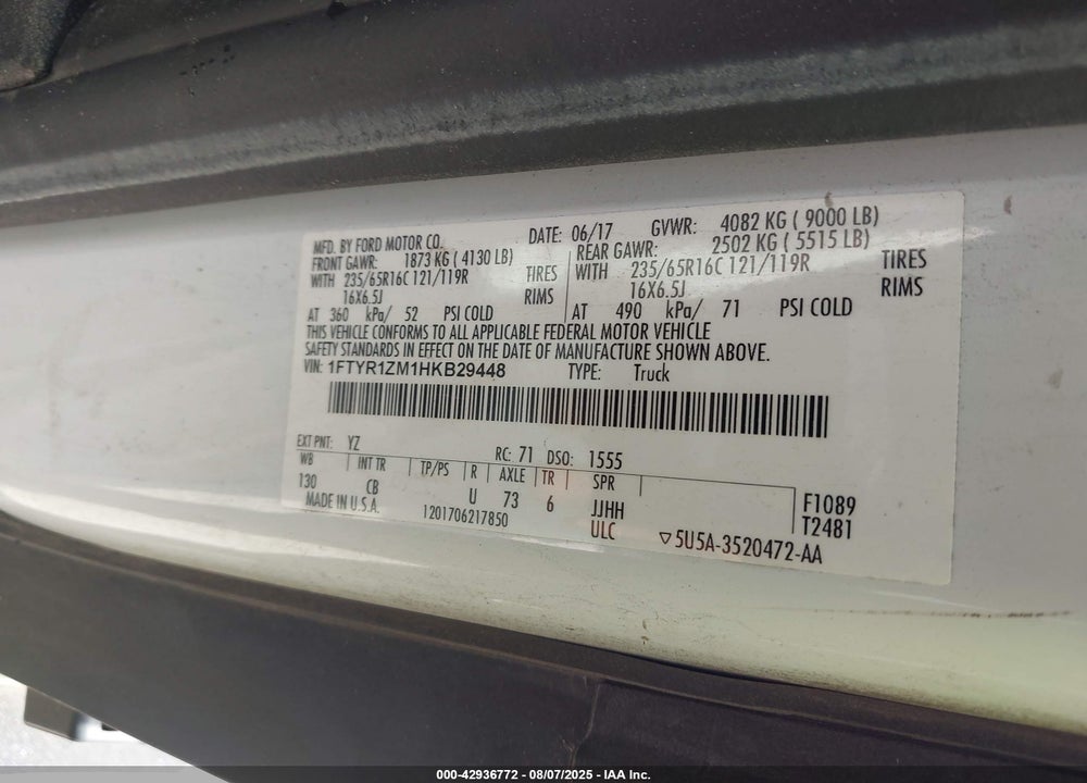 2017 FORD TRANSIT-250 VIN: 1FTYR1ZM1HKB29448